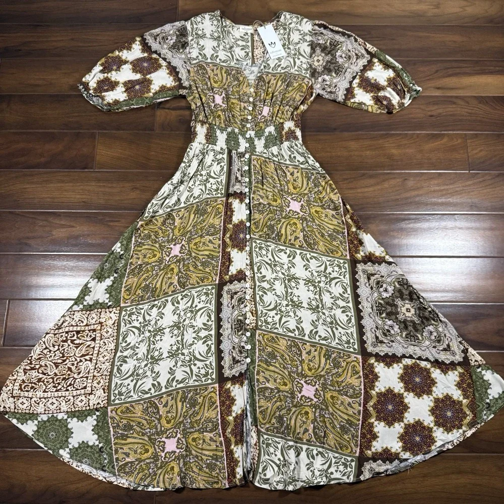 Talisman‎ Women's Size Medium Paisley Garden Halo V Neck Midi Maxi Dress